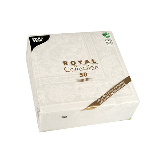 Een witte, vierkante verpakking met het opschrift "PAPSTAR 50 servetten ROYAL Collection" is voorzien van een subtiel bloemenpatroon en bevat 50 witte servetten (1/4-vouw, 40x40 cm). Linksboven is een klein zwart etiket van PAPSTAR GmbH in witte letters te zien.