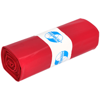 Un rouleau de sacs poubelle rouges EMIL DEISS KG 11702 (type 100, 575 x 1 000 mm, 25 pièces) portant une étiquette blanche « Premium » avec une inscription en bleu ; idéal pour les ateliers et les chantiers. Le produit est représenté sur un fond uni et clair.