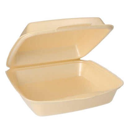 Een beige, rechthoekige Starpak 50 menu box met klapdeksel voor meeneemverpakkingen is open en leeg en toont zijn gladde binnenkant met een klapdeksel aan de achterkant bevestigd.