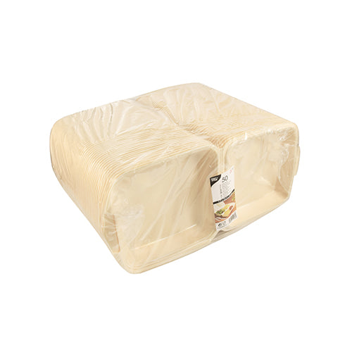 Ein Stapel Starpak 50 Menüboxen mit Klappdeckel, XPS beige laminiert, ideal als Speisenverpackung, verpackt in durchsichtigem Kunststoff mit einem Starpak-Produktetikett auf der Vorderseite.