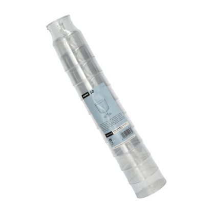 Ein Stapel von zehn Starpak 0,2l Stiel-Gläsern für Rotwein aus glasklarem Polystyrol (einzeln, Ø7,2cm, 10cm hoch) ist in Schrumpffolie mit blau-weißer Produktetikettierung und Weinglas-Abbildung verpackt.