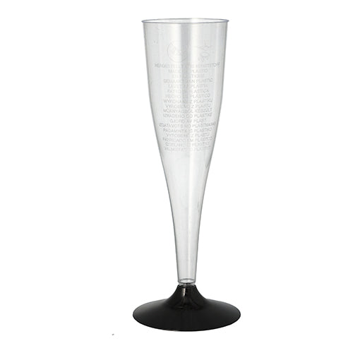 Un verre à champagne Starpak en plastique transparent (PS, 0,1 l, Ø 5 cm, 17,5 cm) avec un pied noir se tient sur un fond blanc. Emballage en film rétractable (5 pièces). Idéal pour les occasions festives.