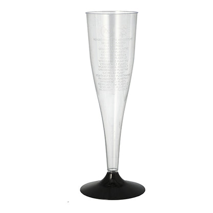 Un verre à champagne Starpak en plastique transparent (PS, 0,1 l, Ø 5 cm, 17,5 cm) avec un pied noir se tient sur un fond blanc. Emballage en film rétractable (5 pièces). Idéal pour les occasions festives.