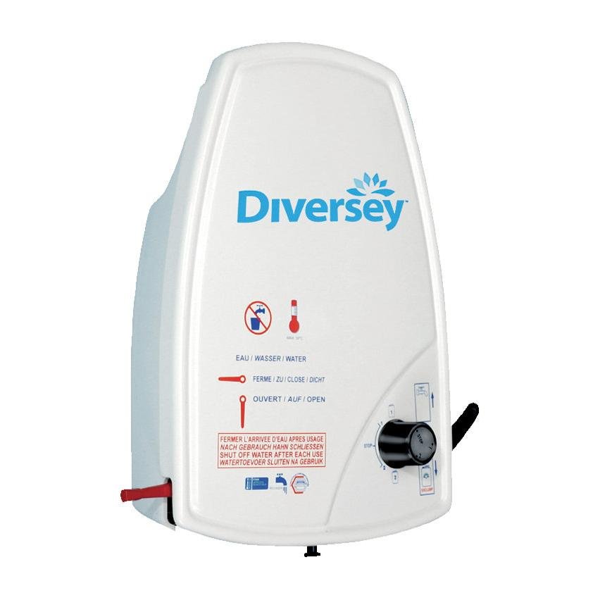 La station de dosage J1000 de Diversey Deutschland GmbH & Co. OHG est un appareil de mélange et de pulvérisation mural blanc pour un produit avec un logo bleu, un indicateur de température, un bouton rotatif noir et des panneaux d'information multilingues.