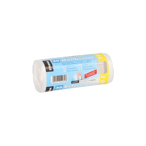 Un rouleau de 30 sacs poubelles transparents Starpak avec poignées (HDPE, 10 l, 42 x 39,5 cm) avec emballage à bande, étiqueté en plusieurs langues, illustré sur un fond blanc simple.