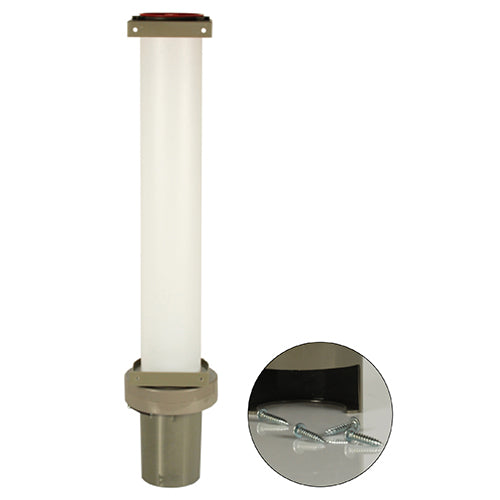 Le distributeur de gobelets Starpak est un tube cylindrique (67 x 13 x 15,5 cm) en plastique gris pour 100 gobelets (Ø supérieur 7,03 cm), avec bride de fond, filetage de fixation et vis métalliques incluses, comme illustré séparément sur fond blanc.