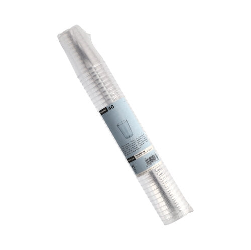 Une pile transparente de 40 gobelets Starpak (PS, 0,1 L, Ø5,5 x 7,5 cm), transparente et emballée sous film rétractable avec une étiquette bleue - idéal pour les fêtes et événements.