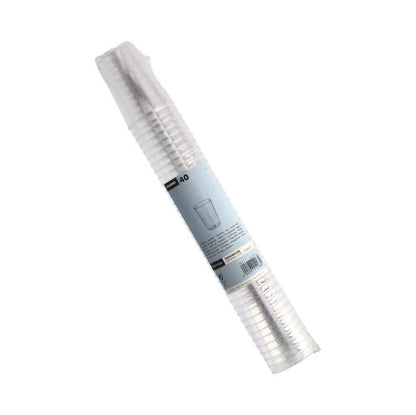 Une pile transparente de 40 gobelets Starpak (PS, 0,1 L, Ø5,5 x 7,5 cm), transparente et emballée sous film rétractable avec une étiquette bleue - idéal pour les fêtes et événements.