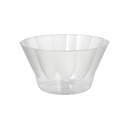 Le bol à glace et à dessert en polystyrène transparent Starpak de 400 ml (Ø 12 cm, H 7 cm) du pack de 20 se distingue par un bord légèrement évasé et un aspect facetté - parfait pour les desserts, présenté sur un fond blanc.