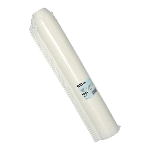 Afgebeeld is een stapel van 60 witte Starpak koffiekopjes (PS, 0,18 l, Ø7,8 cm, 6 cm) ingepakt in krimpfolie met een productetiket, waarop details en hoeveelheid op een witte achtergrond worden weergegeven.