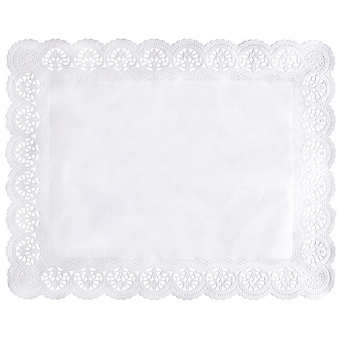 Le PAPSTAR 100 papiers de pointe carrés, blancs de la PAPSTAR GmbH est un napperon rectangulaire blanc avec un centre simple et un bord orné de dentelle avec des motifs de cercles et d'éventails.