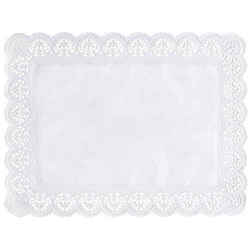 Le PAPSTAR 100 papiers de pointe carrés, blancs de la PAPSTAR GmbH est constitué de papier dentelle blanc rectangulaire avec un bord dentelé détaillé, des bords ondulés et un centre lisse sur un fond simple.