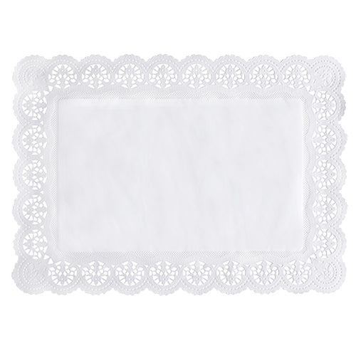 Le PAPSTAR 100 papiers de pointe carrés, blancs de la PAPSTAR GmbH est un napperon rectangulaire blanc avec un bord dentelé élaboré et un centre simple, représenté d'en haut sur un fond blanc.