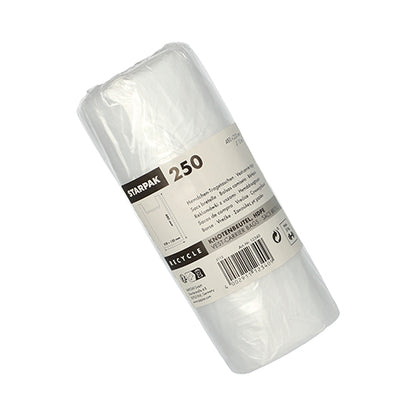 Un rouleau de 250 sacs noués transparents Starpak HDPE (48 x 22 x 12 cm) sous film rétractable, avec une étiquette beige et noire indiquant le nom de la marque, la quantité, le code-barres et les informations de recyclage.