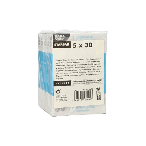 Eine Schachtel Starpak 150 Hygienebeutel (28,5 x 8 x 7 cm, weiß, im Spenderkarton, 150 Stück). Die Verpackung enthält Produktinformationen und Recyclinghinweise in mehreren Sprachen.