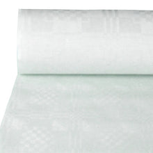 De close-up van de PAPSTAR GmbH papieren tafellaken met damastreliëf, 100 m x 1 m, wit | Folie (1 rol), toont het subtiele geometrische damastpatroon op het witte oppervlak.