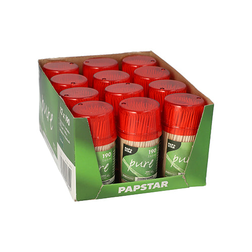 Een dispenser bevat 190 PAPSTAR houten tandenstokers "puur" rond (6,5 cm) van PAPSTAR GmbH - ideaal voor de combinatie met uw favoriete kruiden bij feesten.