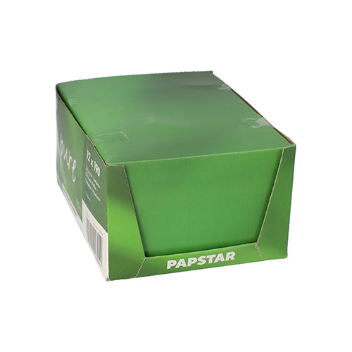 De groene PAPSTAR-doos bevat 190 ronde houten tandenstokers (puur", 6,5 cm) en is aan de zijkant voorzien van productinformatie en een barcode - een milieuvriendelijke opbergoplossing van de PAPSTAR GmbH.
