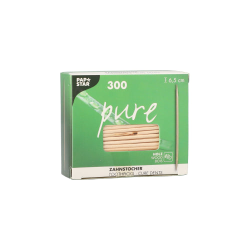 De groen-witte doos PAPSTAR houten tandenstokers "pure" rond, 6,5 cm van PAPSTAR GmbH heeft een kijkvenster en bevat 300 tandenstokers in een beschermende folieverpakking - ideaal voor dagelijks gebruik.