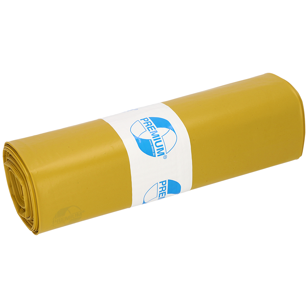 Eine Rolle EMIL DEISS KG (GmbH + Co.) DEISS 13004 Müllsäcke (700x1100x0,07 mm, gelb, 25 Stück) ist mit einem weißen Etikett mit blauem Text und Logo versehen. Der schlichte weiße Hintergrund hebt diese Säcke für eine einfache Abfallentsorgung hervor.