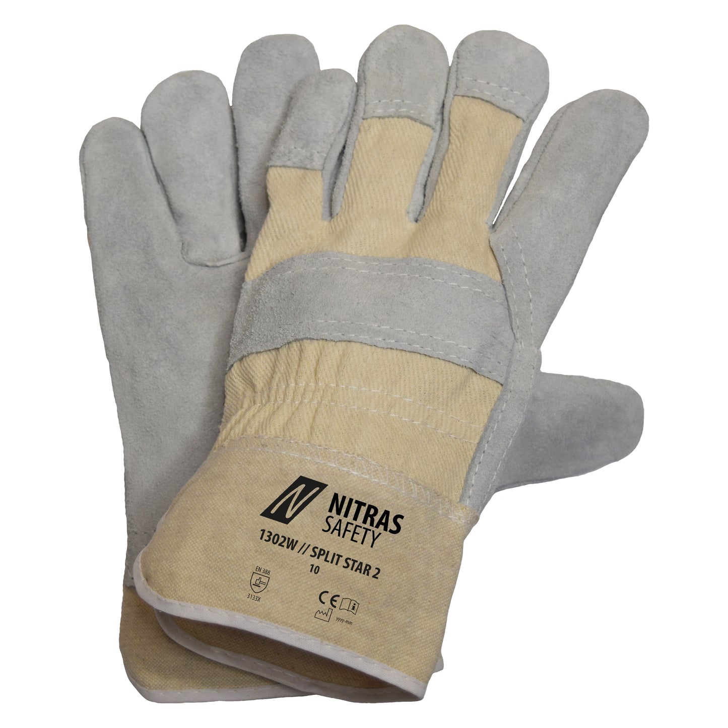 NITRAS SPLIT STAR 2, gants en cuir croûte de bovin, coloris naturel/gris, coton EN 388 | Paquet (12 paires)