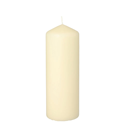Une haute bougie pilier cylindrique Starpak avec une durée de combustion extra longue (Ø 60 mm, 165 mm, blanc) avec une mèche visible se tient droite sur un fond blanc simple et offre une atmosphère durable.