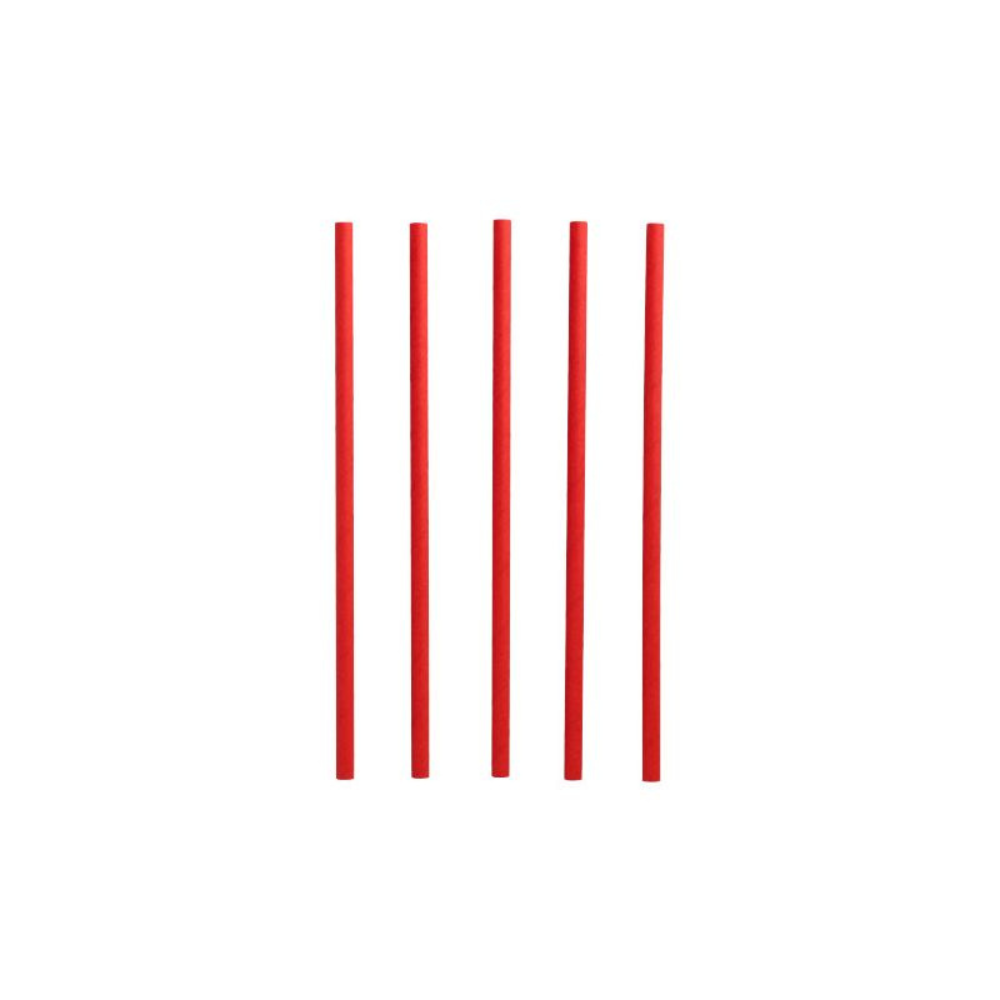 Vijf rode PAPSTAR Shake-strohalmen papier-drinkrietjes, bekend om hun milieuvriendelijkheid, zijn verticaal gerangschikt tegen een eenvoudige witte achtergrond.