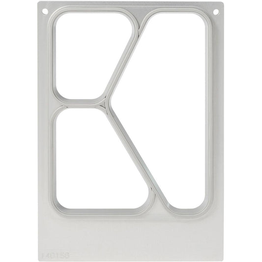 Die Kassette DF10/20 für CPET Schalen der Duni GmbH ist eine rechteckige Metallplatte zur Aufbewahrung und zum Transport. Sie verfügt über drei Ausschnitte - eine große diagonale Linie und zwei abgerundete Rechtecke - mit vier Ecklöchern auf weißem Hintergrund.