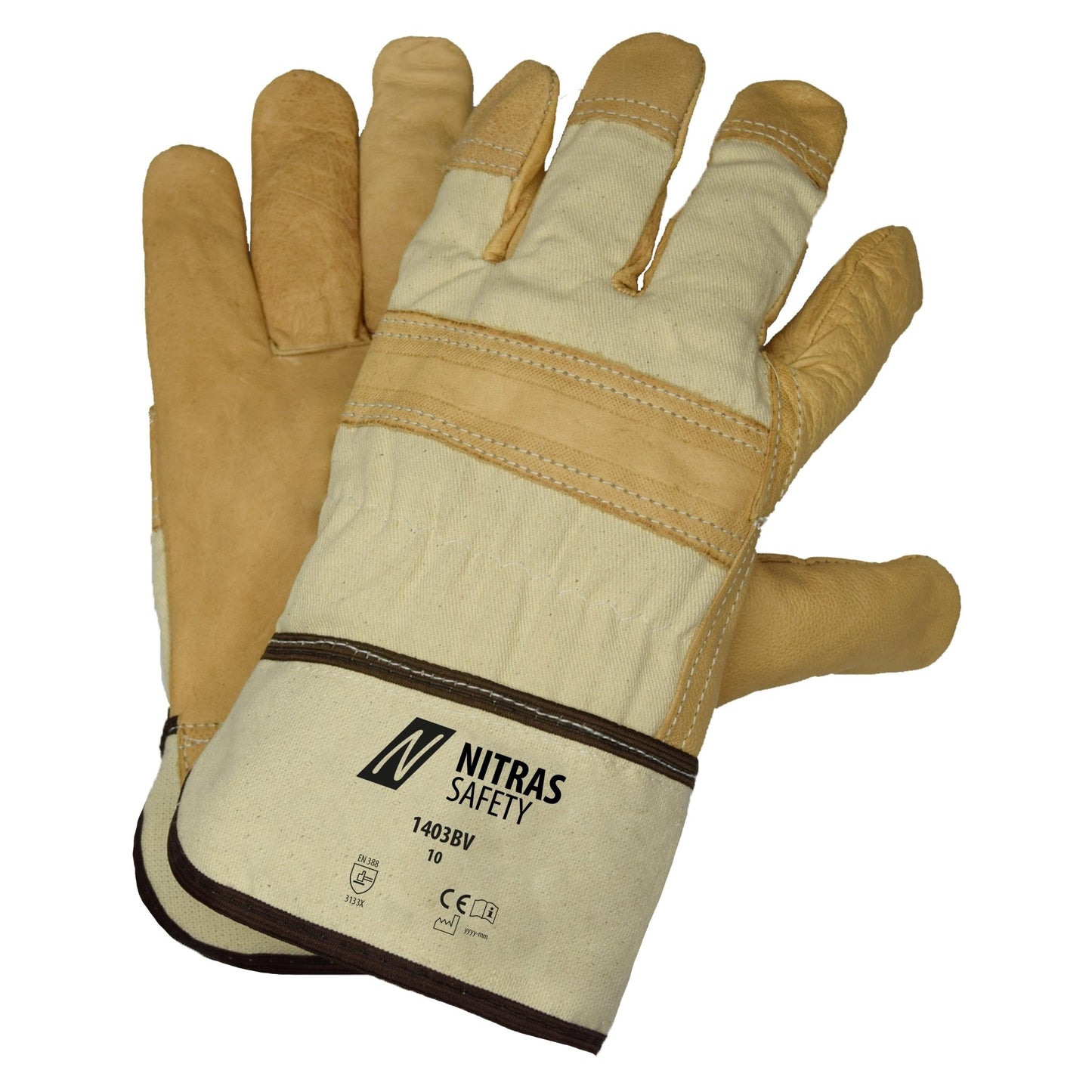 NITRAS handschoenen van volnerf rundleer, natuurlijke kleur / bruin, EN 388 katoen | Pakket (12 paar)
