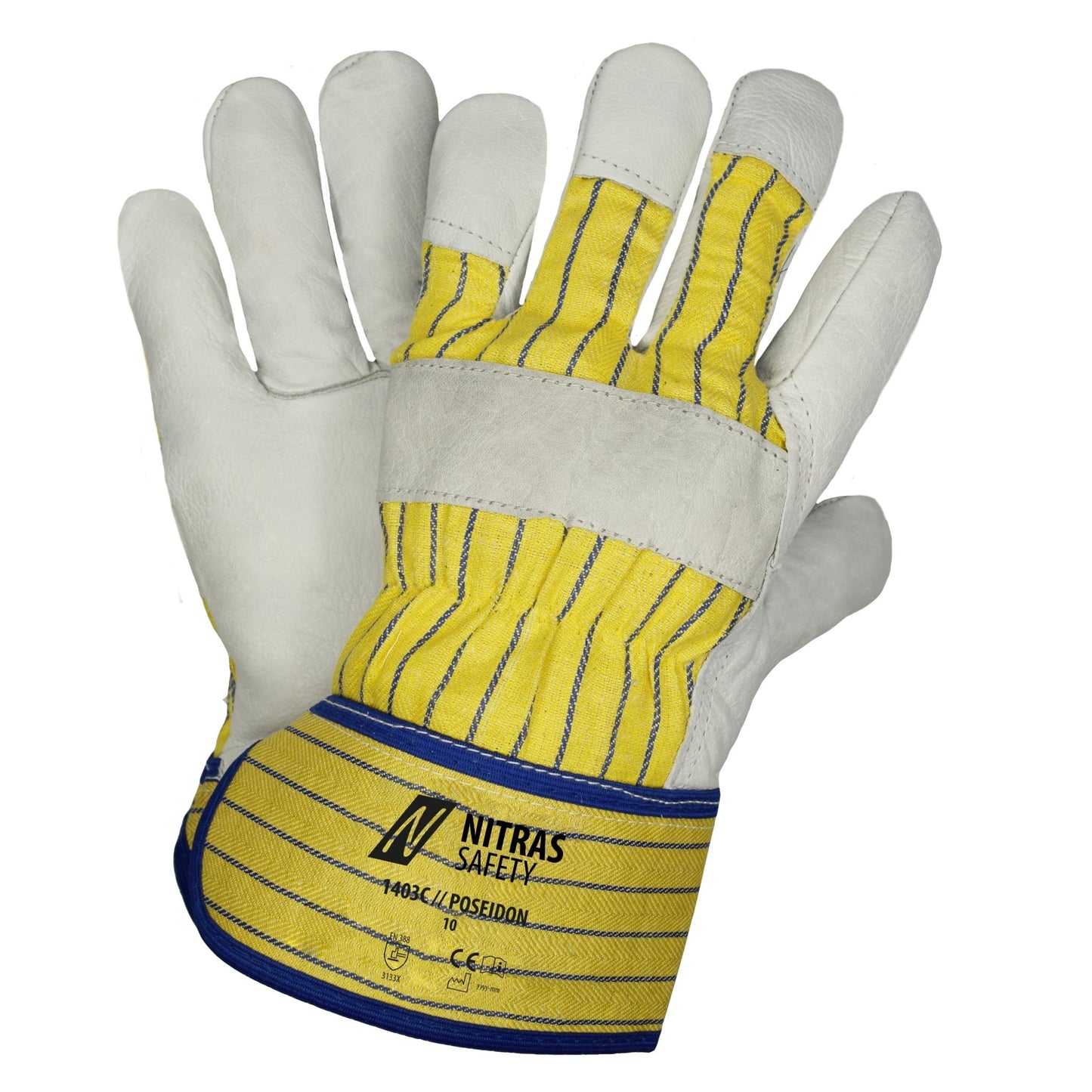 NITRAS POSEIDON, gants en cuir de vachette pleine fleur, rayures jaune/bleu/gris, coton EN 388 | Paquet (12 paires)