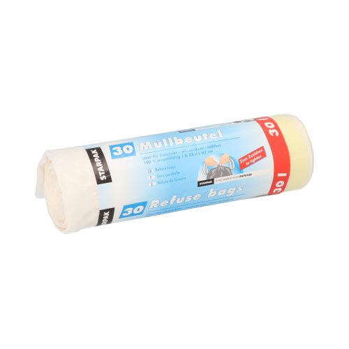 Un rouleau de 30 sacs poubelle Starpak avec cordon de serrage (62 x 53 cm, LDPE, blanc) avec une bande bleu-blanc avec les informations en allemand/anglais : « Sacs poubelle », « Refuse bags », « 30 » et fermeture pratique à cordon.