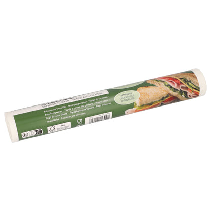 PAPSTAR boterhammenpapier 25x30 cm, wit, 100 vellen met groene banderol toont gebruiksinstructies en een sandwichfoto - perfect voor het verpakken van snacks of sandwiches.