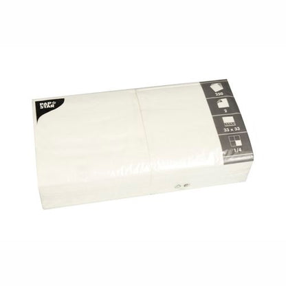 Un paquet scellé de 250 PAPSTAR serviettes blanches à 2 plis (33 x 33 cm, 1/8 pli) de la société PAPSTAR avec une étiquette en noir et blanc - parfait pour une table élégamment dressée.