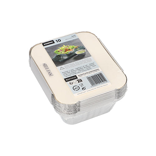 Une pile de moules alimentaires Starpak 10 alu + couvercle inséré, revêtu de PP, rectangulaires avec une étiquette en papier montrant une salade, une sauce, des informations sur le produit et un code-barres. Idéal pour le stockage des aliments. Le paquet contient 10 moules rectangulaires. Marque : Starpak.