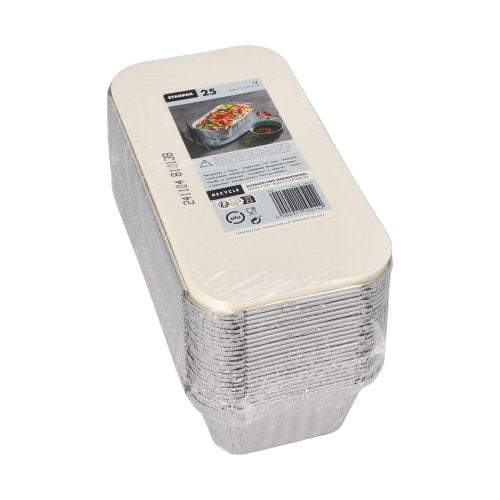 Eine Packung mit 25 Starpak Alu-Schalen mit PP-beschichteten Deckeln ist in Kunststoff verpackt und mit Gebrauchsinformationen und einem Barcode versehen - perfekt für den Mitnahme- oder Gastronomiebereich (Starpak 25 Schalen, Alu + Einlegedeckel, PP-beschichtet).