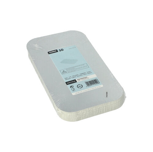 Ein Stapel von 50 Starpak PP-beschichteten Einlegedeckeln, groß 21,8 x 12,3 cm, ist in Schrumpffolie verpackt und mit einem blau-weißen Etikett mit Produktinformationen und Barcode versehen.