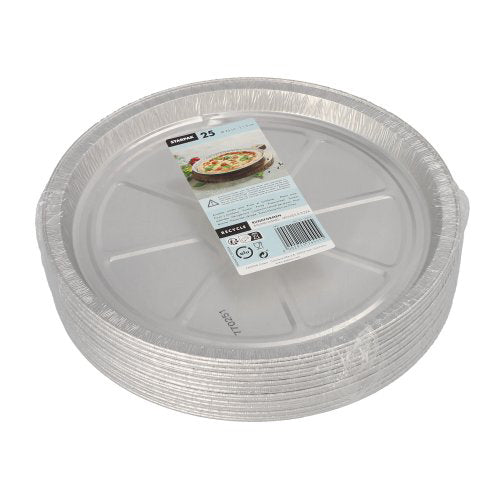 Een stapel Starpak 25 ronde vormen, Alu-rondbakvormen is in plastic gewikkeld en draagt bovenop een productlabel met een pizza en informatie over de warmtegeleiding van het artikel.