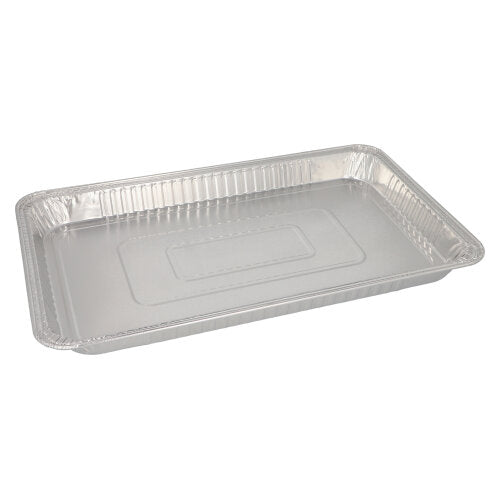 De Starpak 3 Gastronorm-container is een rechthoekige wegwerp-bakvorm van aluminium (5,2 l, 3,7 cm x 32,5 cm x 52,5 cm, 1/1), ideaal voor professionele keukens en wordt verkocht in een set van 3 met krimpfolie. Afbeelding op witte achtergrond.