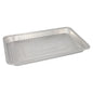 De Starpak 3 Gastronorm-container is een rechthoekige wegwerp-bakvorm van aluminium (5,2 l, 3,7 cm x 32,5 cm x 52,5 cm, 1/1), ideaal voor professionele keukens en wordt verkocht in een set van 3 met krimpfolie. Afbeelding op witte achtergrond.