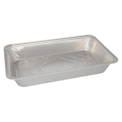 Un conteneur gastronorme rectangulaire Starpak 3, un moule à pâtisserie jetable en aluminium (8,5 l, 8 cm x 32,6 cm x 52,7 cm), vide avec des bords surélevés et un fond plat sur un fond blanc simple.