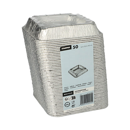 Un paquet de 50 cendriers rectangulaires en aluminium Starpak (2,2 x 12,5 x 12,5 cm), emballés sous film rétractable, étiquetés avec des informations de marque et de produit - parfaits pour la restauration ou l'extérieur.