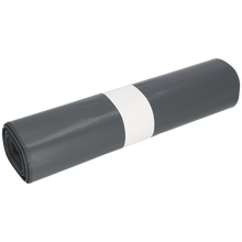 Abgebildet ist eine Rolle EMIL DEISS KG (GmbH + Co.) DEISS Müllsäcke 575x1000x0,07 mm aus Recycling-LDPE 70 l schwarz, gebündelt mit einer weißen Papierbanderole, auf einfarbig weißem Hintergrund.