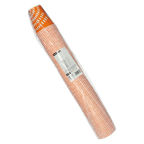 Un paquet de 100 gobelets en carton jetables Starpak (gobelets pour boissons froides), chacun de 100 ml, rayé orange et blanc, emballé dans du plastique transparent avec une étiquette d'information produit au centre.