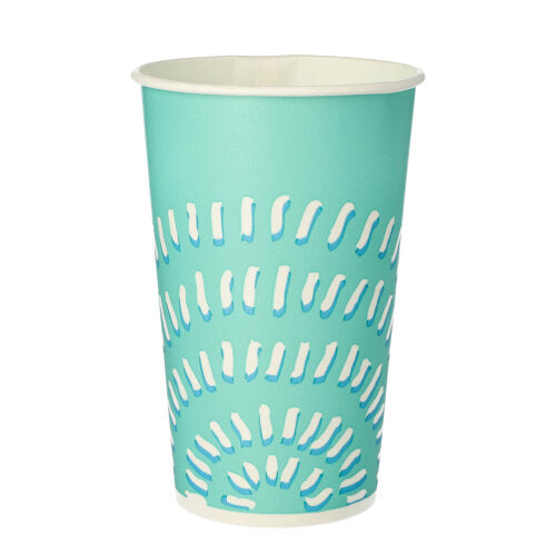 De Starpak 50 drinkbekers voor koude dranken van karton (0,4 l, Ø 8,97 cm · 13,5 cm) in turquoise met witte binnenkant en patroon van witte en blauwe halve cirkels zijn ideaal voor koude dranken.
