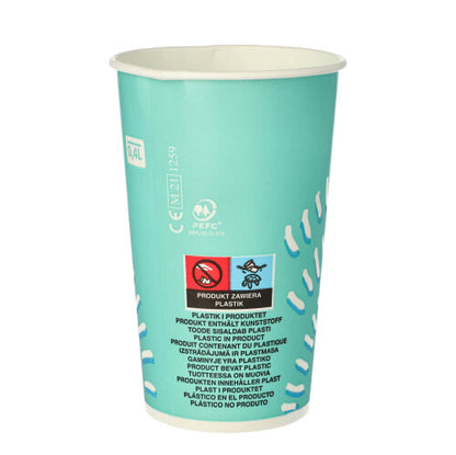 De Starpak 50 drinkbekers voor koude dranken (0,4 l, Ø 8,97 cm, 13,5 cm) in turquoise zijn robuuste kartonnen bekers met witte decoratieve markeringen en meertalige waarschuwingen – plasticgehalte en no-littering symbolen – voor veiligheid en comfort.