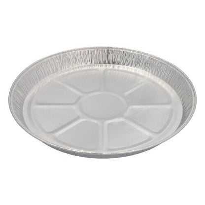 De Starpak 25 ronde vormen, Alu rond is een ronde, platte bakvorm van aluminium met licht verhoogde rand en gesegmenteerde bodem, ideaal om te bakken; afgebeeld op een eenvoudige witte achtergrond.