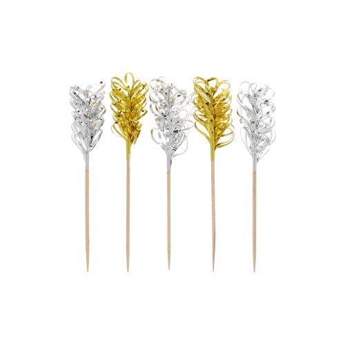 Les PAPSTAR piques décoratives "Frills" or/argent (10,5 cm, 30 pièces) de la PAPSTAR GmbH sont ornées de paillettes métalliques dorées et argentées festives - idéales comme accessoires de fête ou décoration de table pour les festivités, illustrées sur un fond blanc simple.