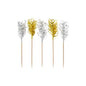 Les PAPSTAR piques décoratives "Frills" or/argent (10,5 cm, 30 pièces) de la PAPSTAR GmbH sont ornées de paillettes métalliques dorées et argentées festives - idéales comme accessoires de fête ou décoration de table pour les festivités, illustrées sur un fond blanc simple.