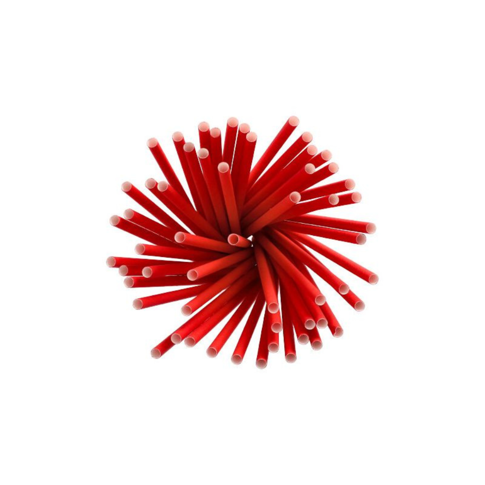 Een groep duurzame rode papierdrinkrietjes van het merk PAPSTAR Shake-strohalmen papier met een diameter van 8 mm en een lengte van 25 cm is cirkelvormig gerangschikt, waarbij de witte uiteinden naar buiten wijzen.