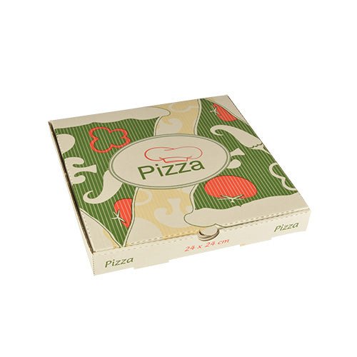 De PAPSTAR 100 pizzadozen, cellulose "pure" rechthoekig van PAPSTAR GmbH zijn gesloten dozen (24 x 24 cm) van pure cellulose met groen/beige abstract patroon, rode accenten en de opdruk "Pizza" bovenop en aan de zijkant.